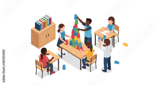 Isometric illustration of diverse children and teachers in a classroom engaged in a fun, collaborative teamwork activity building a colorful cup tower