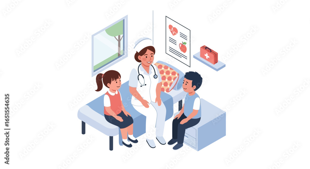 Fototapeta premium A nurse sits on a hospital bed with a young girl and boy, providing care and attention in a bright, friendly setting.