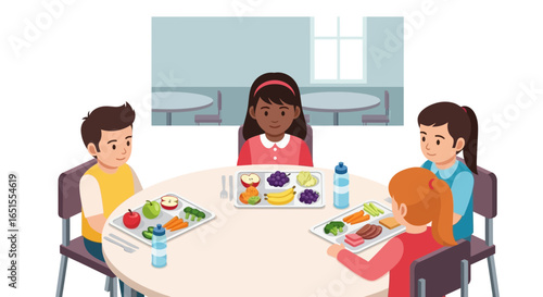 Four children sit at a round table in a school cafeteria, each with a tray of food and a water bottle.