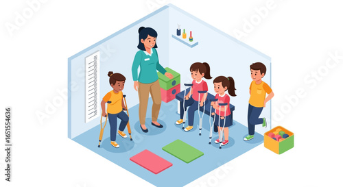 An instructor assists children with mobility challenges in a therapy room, using assistive devices like walkers and crutches, with colorful mats and toys nearby.