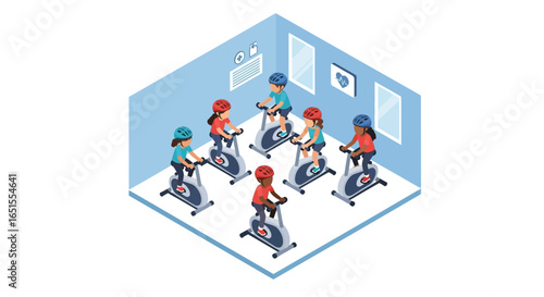 Isometric view of children exercising on stationary bikes in a fitness room.