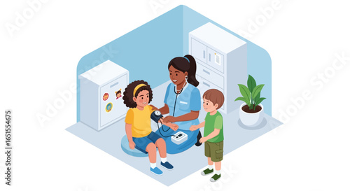 Nurse checking a young girl's blood pressure, while a boy watches in a pediatrician's office.