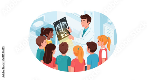 A doctor explaining an X-ray to a group of children in a medical setting.