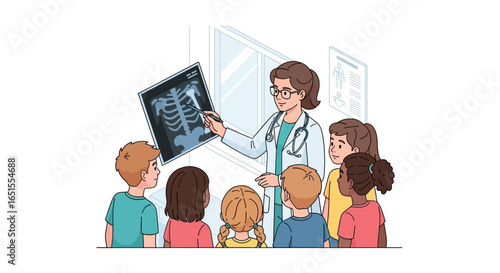 A female doctor explaining an X-ray image to a group of young children in a medical setting.
