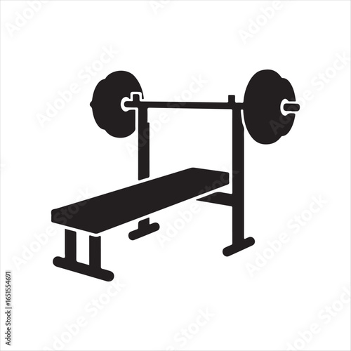 Black silhouette of a weightlifting bench press with barbell and weights vector illustration