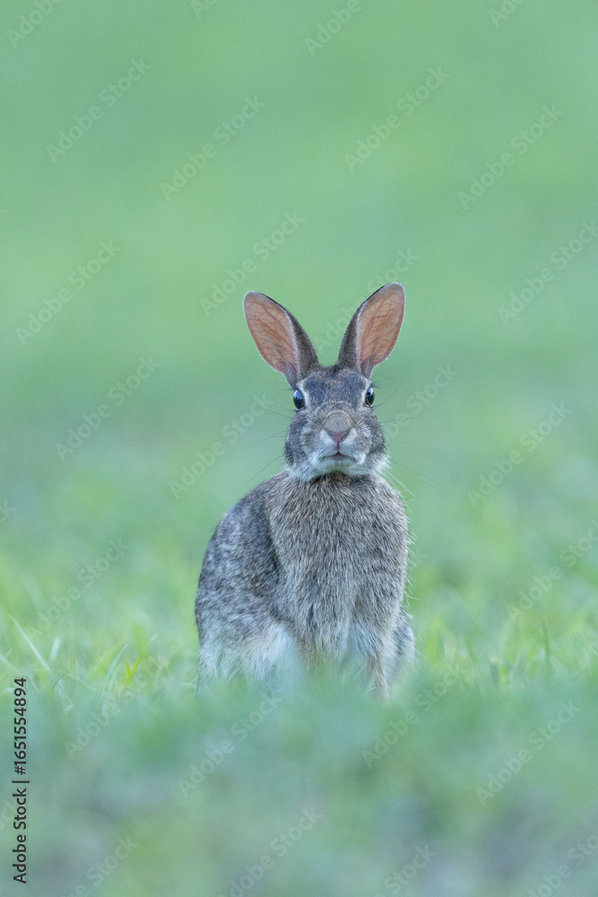 Obraz premium Eastern Cottontail rabbit front view with funny look on face and low angle