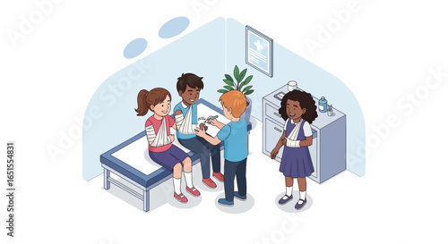 Children receive medical attention in a clinic; doctor examines injured arms.