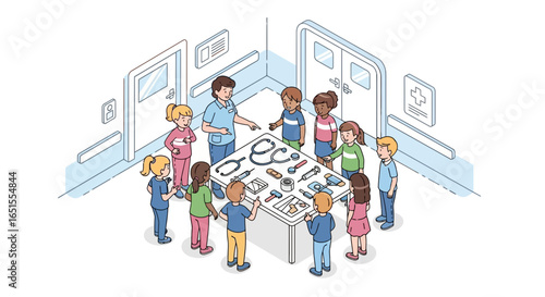 Children gather around a table, attentively listening to a doctor explaining medical equipment.