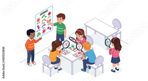 Children actively participate in a classroom science lesson, examining specimens with magnifying glasses.