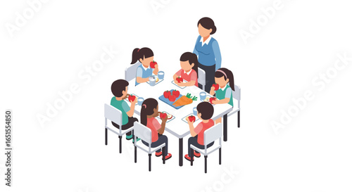 Teacher and students enjoy a healthy snack together at a round table.