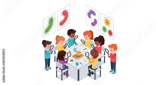 A diverse group of children examining microorganisms with magnifying glasses during a science lesson.