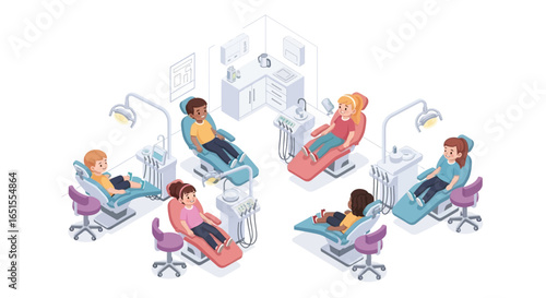 Illustration depicting six children seated in dental chairs during a checkup or procedure, surrounded by equipment.