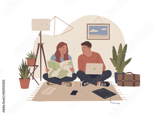 Couple planning travel trip using map and laptop for vacation adventure together at home flat
