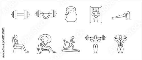 Fitness and exercise icons including dumbbells kettlebell treadmill and weightlifters workout