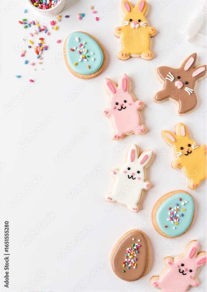 Obraz premium Easter Traditions А4. Colorful Easter cookies shaped like bunnies and eggs on white surface 