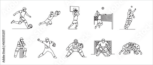 Line art icons of athletes playing various sports illustration