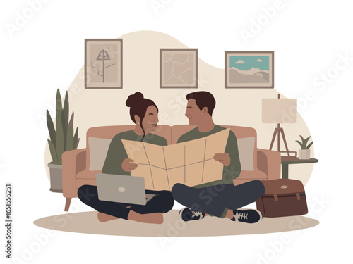 Couple planning travel adventure using map and laptop for trip preparation at home together