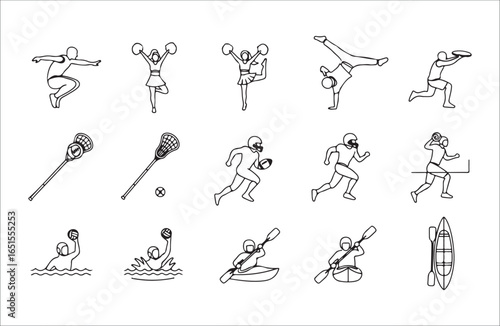 Line Art Icons of Sports, Games, and Water Activities vector illustration