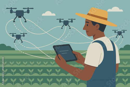 Farmer using tablet to control agricultural drones in modern farming