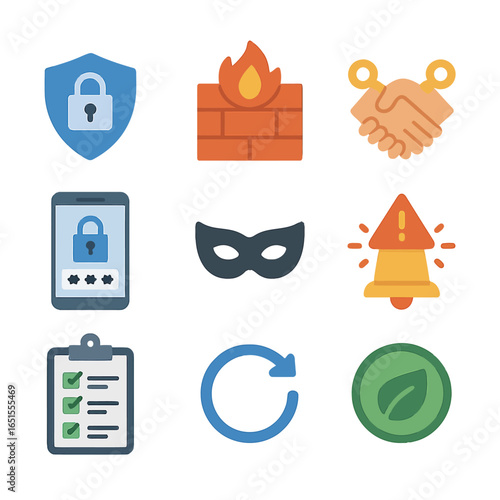 Colorful cybersecurity and data protection icons with gradient background