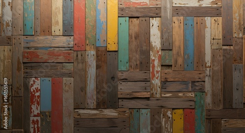 Rustic colorful wooden planks background with weathered paint texture