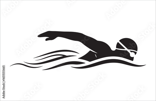 Silhouette of a swimmer's head and arm in water with waves swimming sport