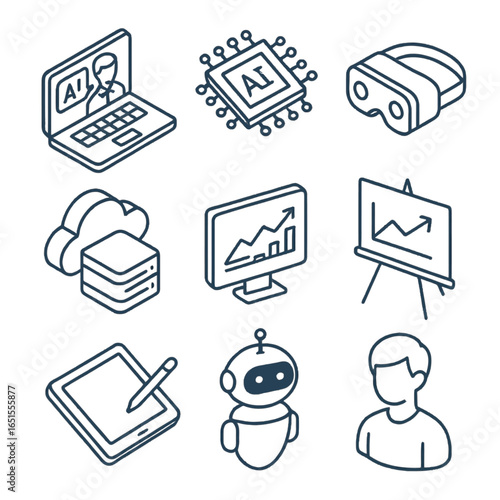 Digital technology icons: ai, vr, cloud computing, and robotics in isometric line art