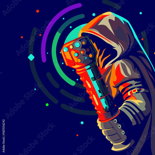saxophone player with musical instruments