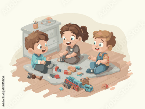 Illustration of children playing with toys indoors in a playroom having fun together drawing
