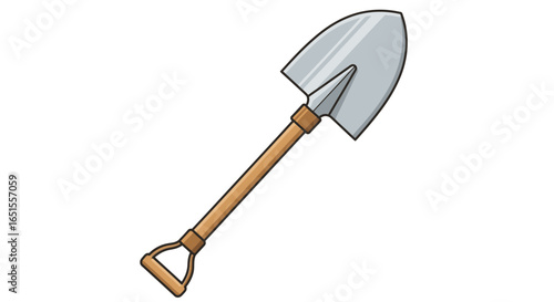 A silver-colored shovel with a wooden handle and a D-shaped grip, depicted against a white background.