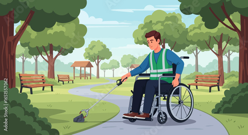 A man in a wheelchair uses a grabber tool to pick up litter in a scenic park, promoting environmental cleanliness and accessibility.