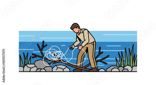 A man stands by a body of water, untangling fishing line from a fallen branch near the shore.