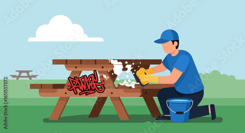 A person in a blue shirt and cap cleans graffiti from a wooden picnic table with a sponge and bucket, outdoors on a grassy area with another picnic table in the background.