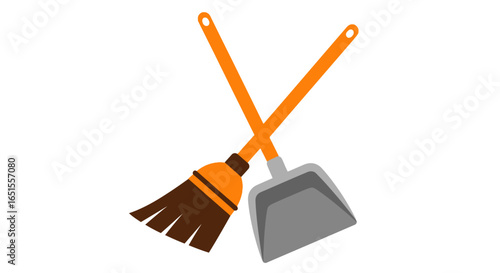 A simple, clean graphic illustration of a broom and dustpan crossed over a white background, symbolizing cleaning and tidiness.