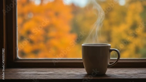 Steaming cup of coffee on wooden windowsill with golden autumn foliage outside — cozy fall morning mood