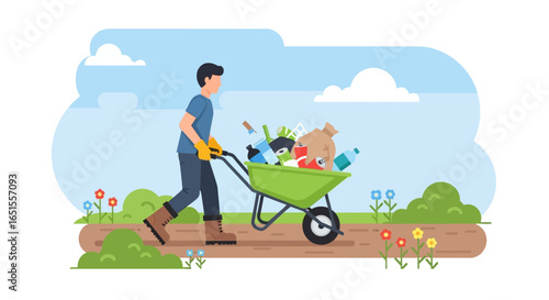 A person in gloves pushes a wheelbarrow filled with collected trash and recyclables through a grassy, outdoor area with flowers and clouds.