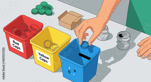 A person sorts plastic bottle caps into color-coded bins for recycling, with crushed cans and a cardboard box nearby.