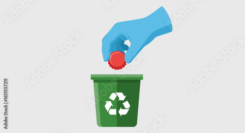 A hand wearing a blue glove is dropping a red bottle cap into a green recycling bin with the recycle symbol.
