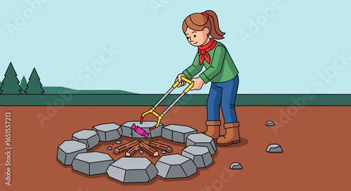 Girl using tongs to add kindling to a campfire in a stone circle.