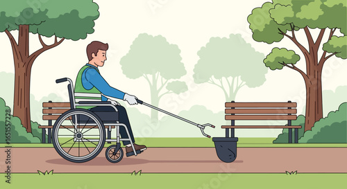 A man in a wheelchair uses a grabber tool to pick up litter from a trash can in a park, promoting environmental cleanliness and accessibility.