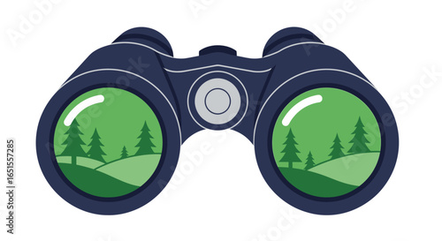 A cartoon illustration of binoculars showcasing a scenic landscape view with trees and hills.