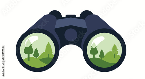 A pair of dark blue binoculars reflecting a green landscape of trees and hills.