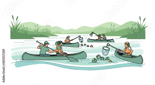 Illustration depicting people in canoes collecting debris from a waterway, promoting environmental cleanup.