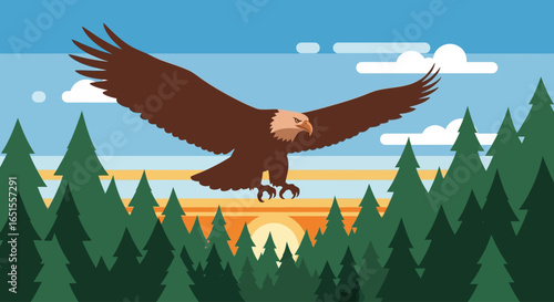 A majestic eagle soaring above a vibrant forest during a picturesque sunset.