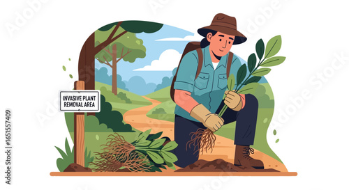 A hiker carefully plants a sapling in a designated environmental area.