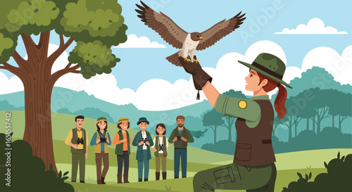 Park ranger releases trained hawk to a captivated audience of nature enthusiasts.