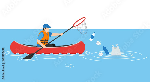 A volunteer in a red canoe with a paddle and net cleans up plastic pollution from the water.