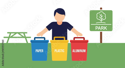 A person in a park demonstrates proper waste sorting with separate bins for paper, plastic, and aluminum.