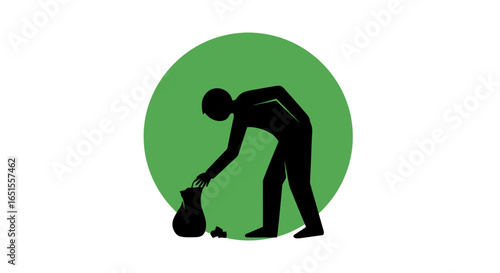 A silhouette icon of a person responsibly cleaning up dog waste from the ground and putting it into a bag.