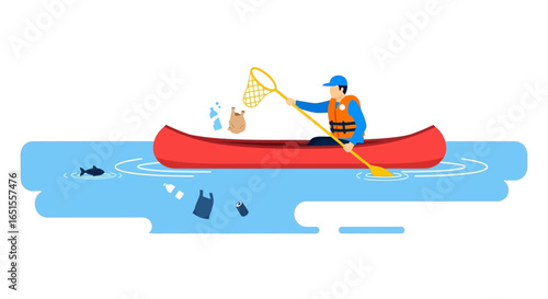 A man in a red canoe uses a net to collect plastic garbage from a polluted river or lake.